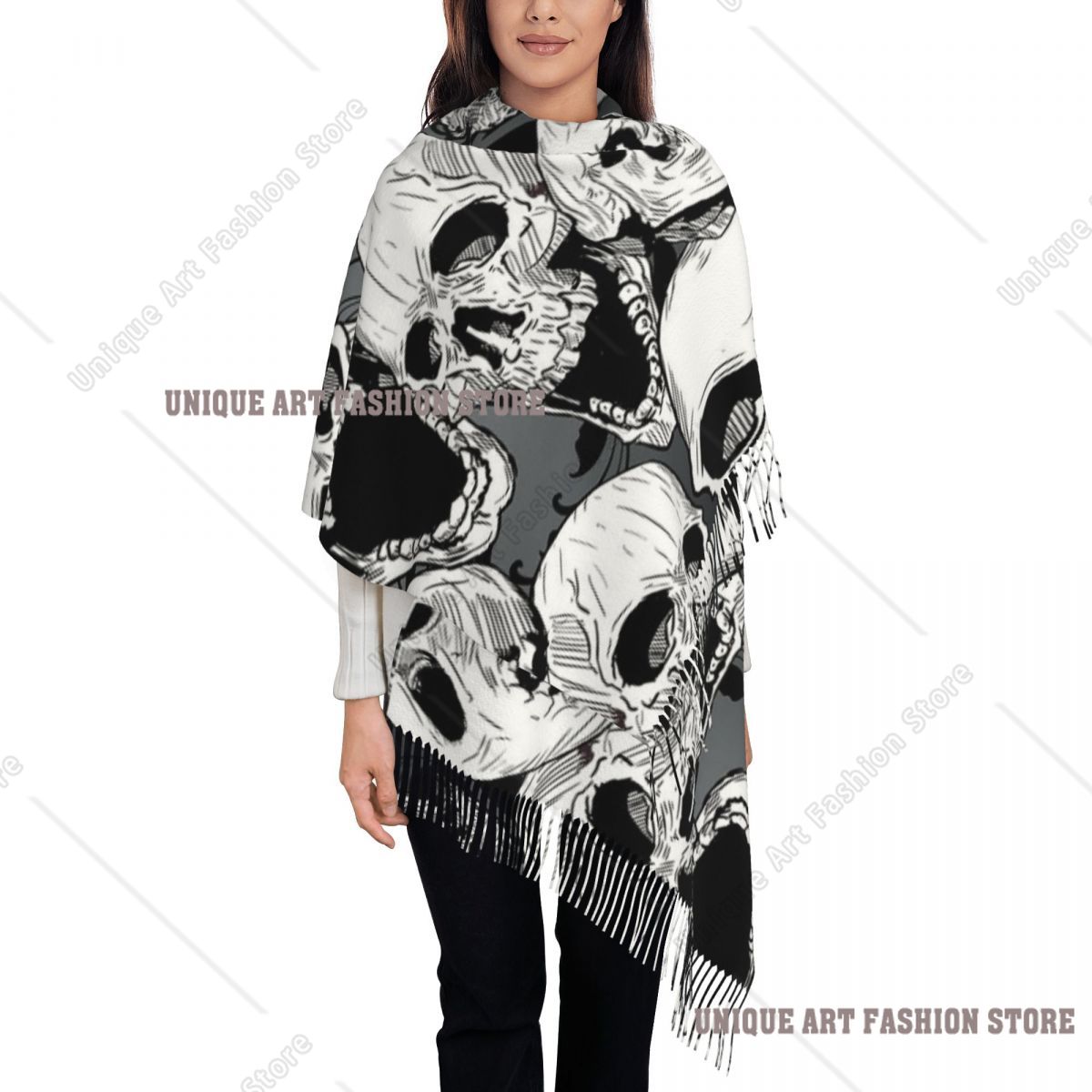 Pashmina Wrap Large - Womens Tassel Scarf Death Skull Gothic
