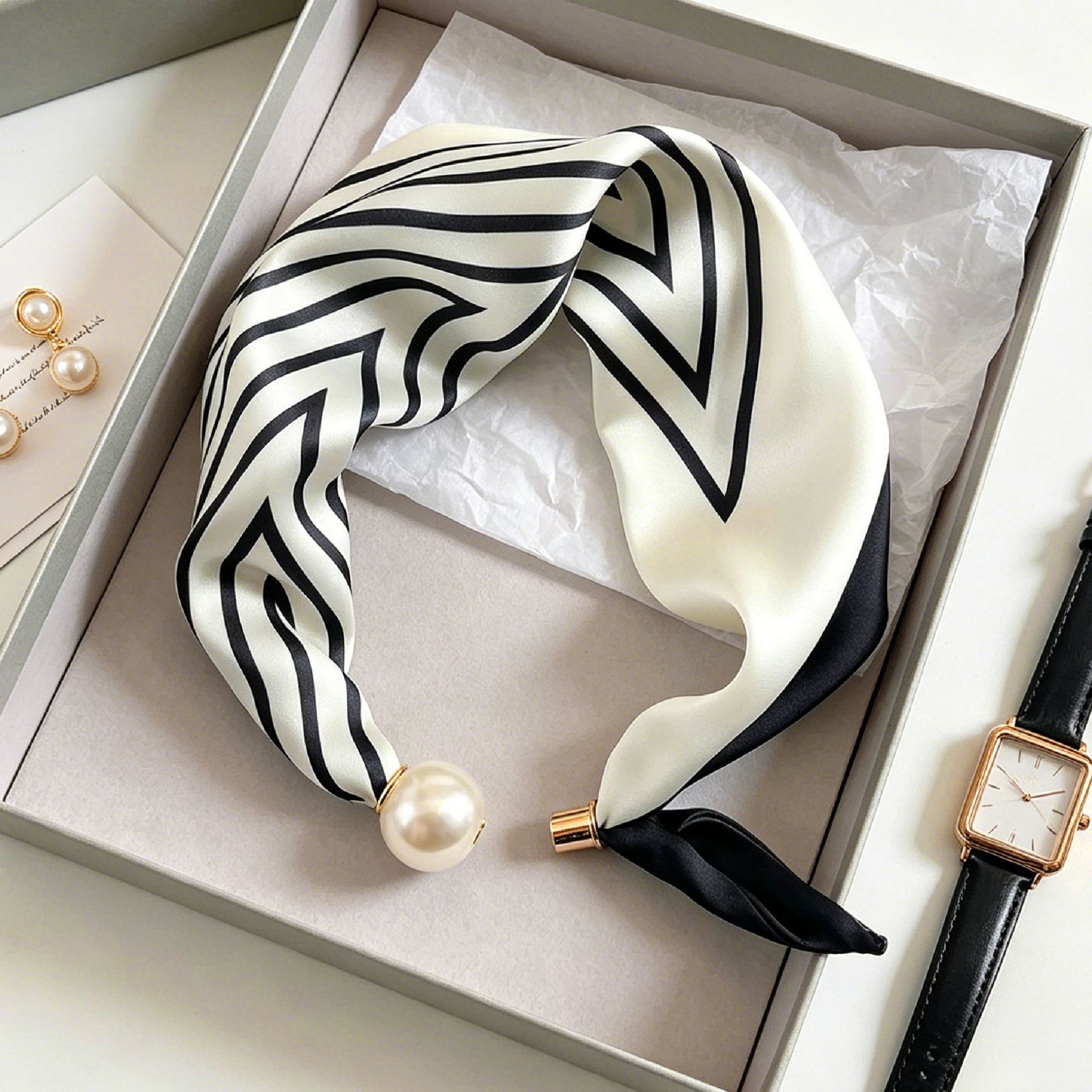 Elegant Chic Pearl Stripe Scar - Ascot Neck Scarf ulasan dan harga