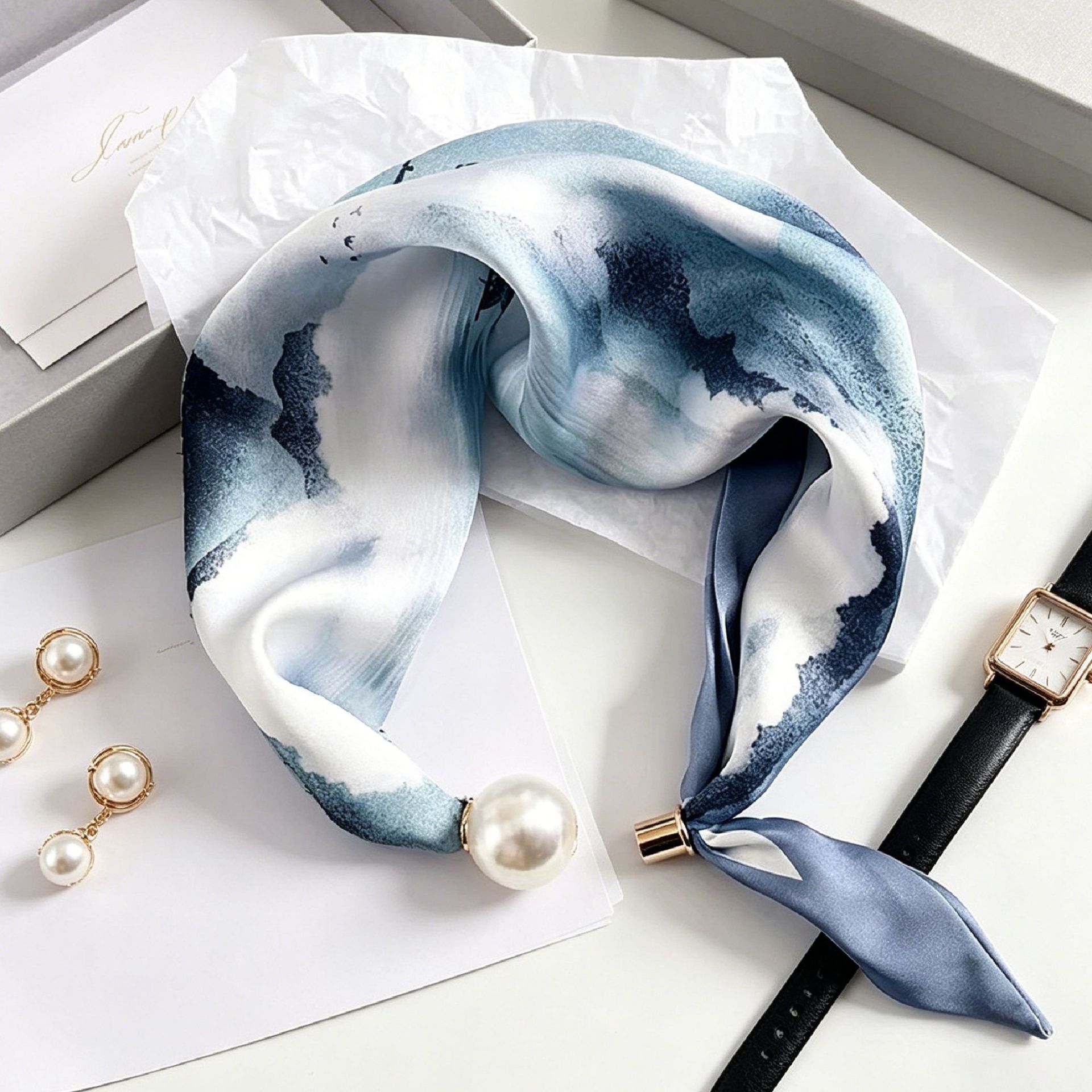Elegant Chic Pearl Stripe Scar - Ascot Neck Scarf ulasan dan harga