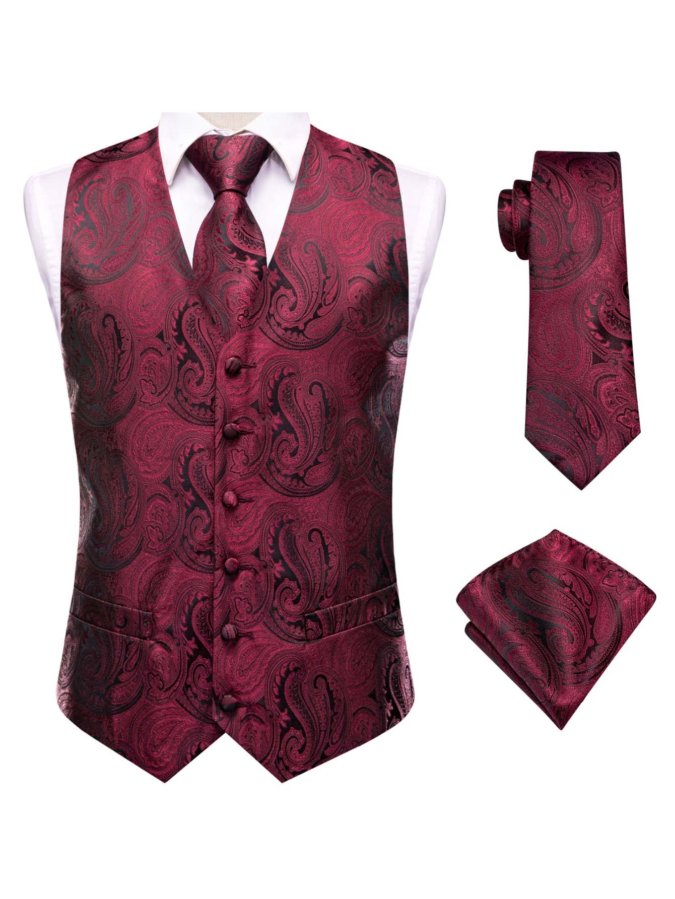 Red Men Vest Three-Piece Suit  - Pocket Square Set ulasan dan harga
