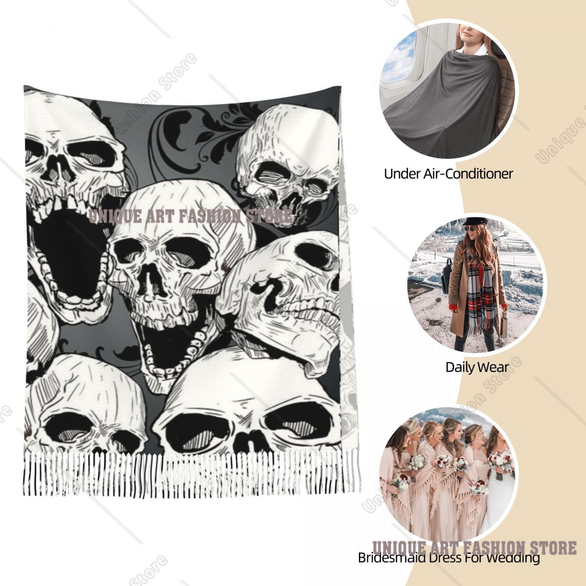 Womens Tassel Scarf Death Skul - Pashmina Wrap Large ulasan dan harga